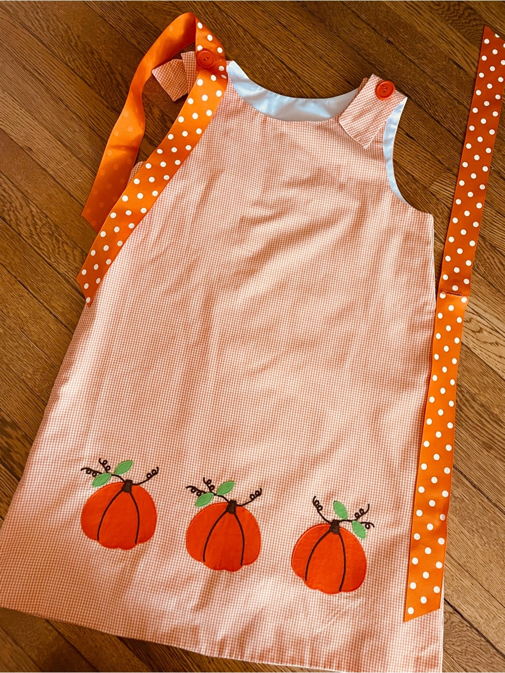 Kelly's Kids Orange Gingham Pumpkin dress ribbons appliqués 7-8 Jumper